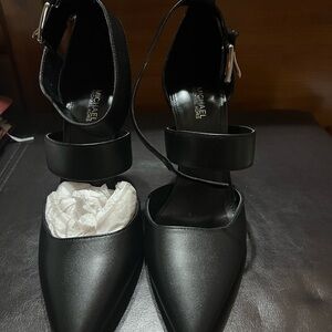 Michael Kors Black Pointed-Toe Ankle-Strap Pumps with Buckle
